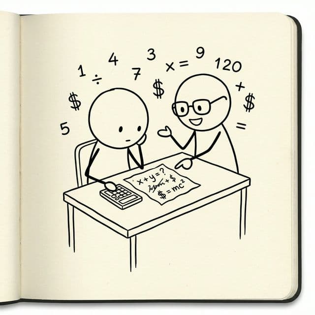 Sticky and Max sitting at a desk doing math with a calculator and napkin