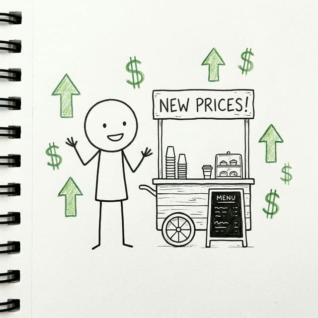 Sticky standing proudly next to his coffee cart with new prices and dollar signs