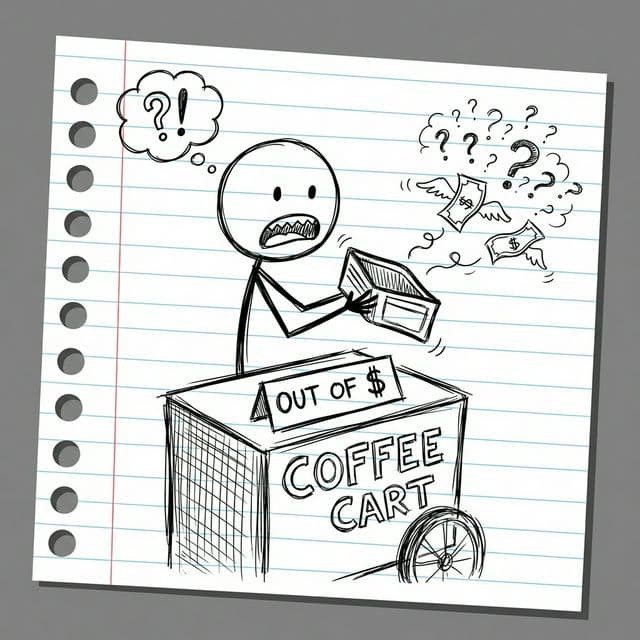 Sticky the Stickman looking shocked at his empty wallet behind his coffee cart