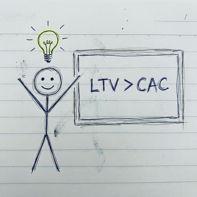 Sticky having a eureka moment next to a whiteboard showing LTV greater than CAC
